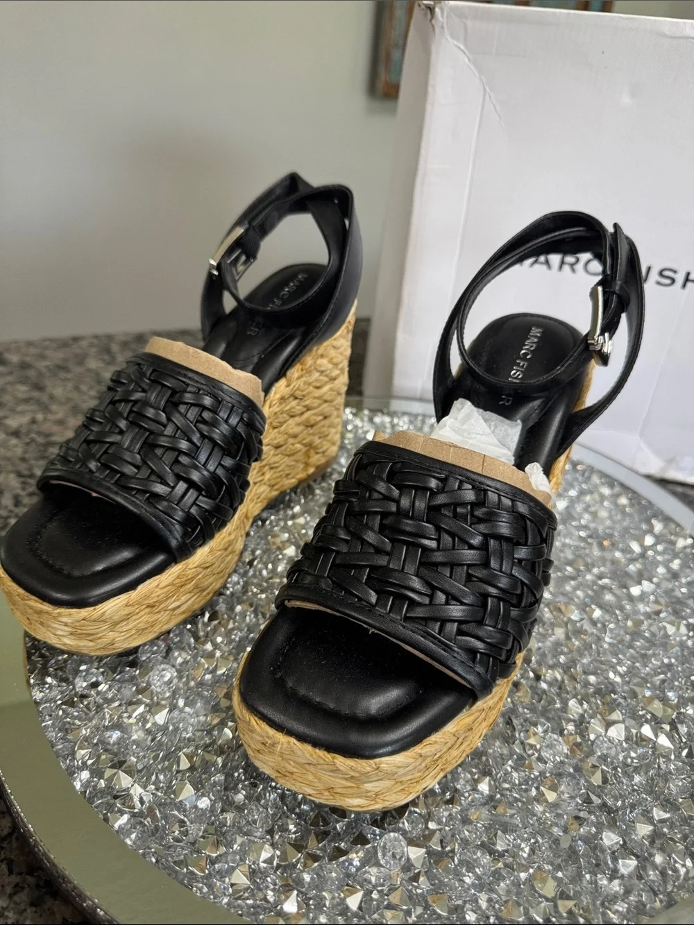 Marc Fisher Godina Black Woven Espadrille Wedge Sandals NEW 7.5